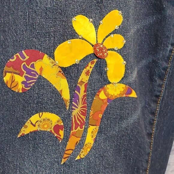 Upcycled Rust Gold Flowers Ruffle Beaded Lace Frayed BoHo Crop Jeans Sz 16 - Picture 5 of 13